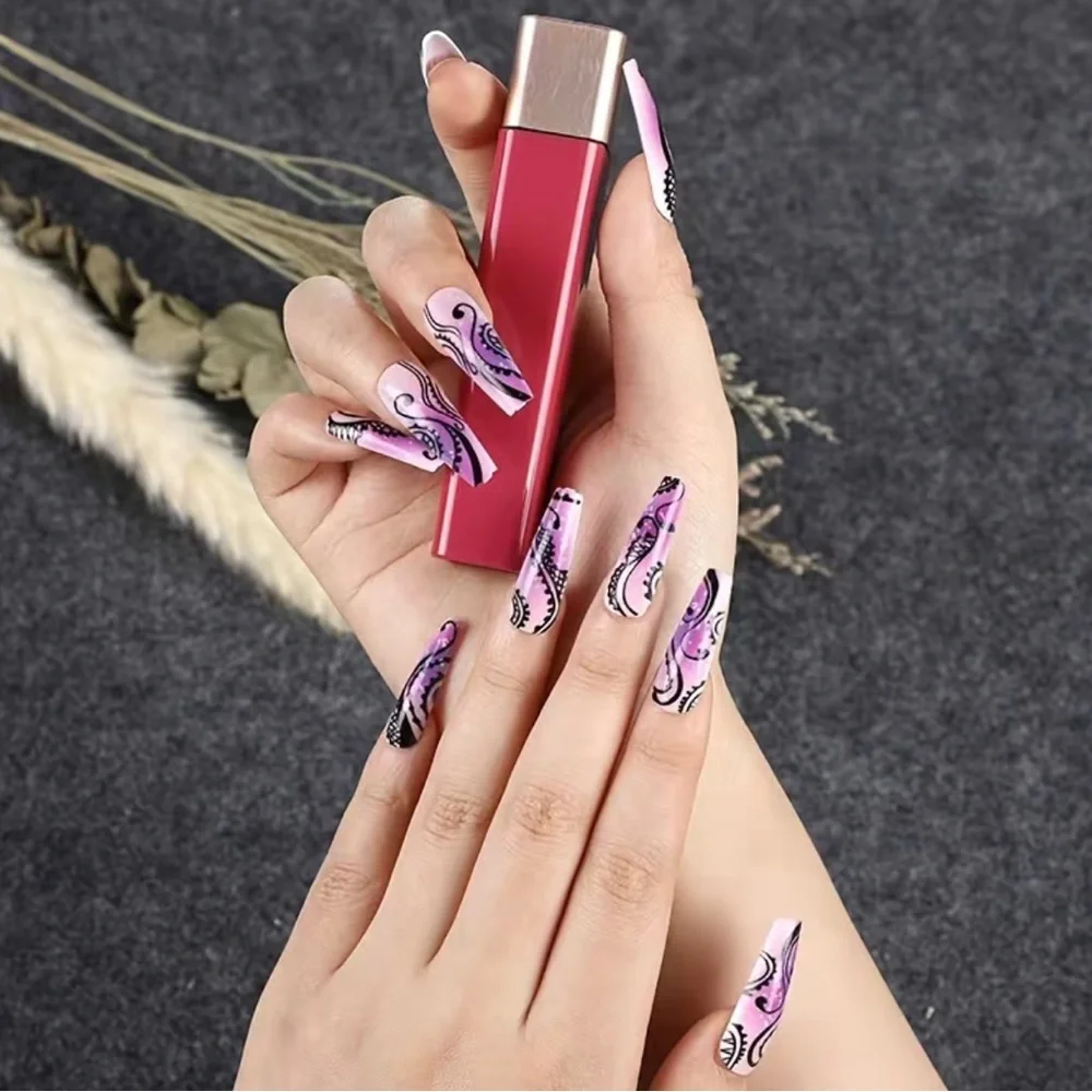 ✨ GORGEOUS 👑 Music Notes Lilac Purple Long Ombre Designed Press On Nails - Picture 5 of 5